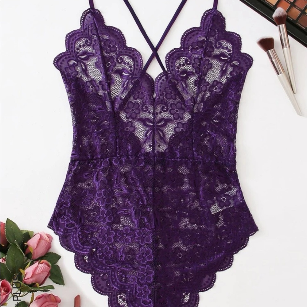 SHEIN Plus Floral Scalloped Lace Teddy Bodysuit Purple